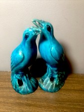 Couple Perruches/perroquets Turquoise Asiatique Ancienne