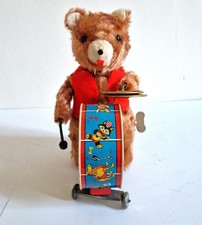 Automate, jouet mécanique ancien "ours musicien" peluche et tôle, fonctionne.