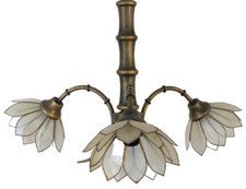 Superbe Lustre Deco Bambou & Tulipe Pétale de Nacre - 3 feux - Vintage