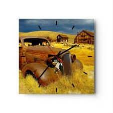 Horloge murale en verre 30x30cm Ferme voiture ancienne abandonnée Wall Clock