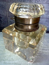 ANCIEN ENCRIER ART DECO EN VERRE taillé ET LAITON - début XXème