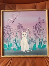 Vintage Oil painting from 1979. White cat standing among flowers and butterflies