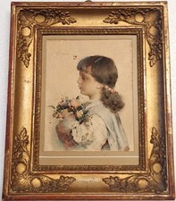 Aquarelle sur papier, portrait d'une jeune fille signé Alessandro Rontini Floren