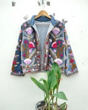 Indien Bleu Suzani Imprimé Veste Handmade Velours Femmes Vêtements Américaine