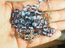 CHAPELET ANCIEN ARGENT MASSIF PERLES DE VERRE BLEU ANTIQUE SILVER ROSARY 53CM