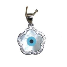 Pendentif Oeil Turc En Argent Massif Forme Fleur 1,5 Cm Avec Nacre Et Zirconias