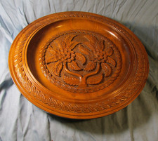 Joli grand plat à fruits en bois sculpté de 39cm motif floral travail artisanal