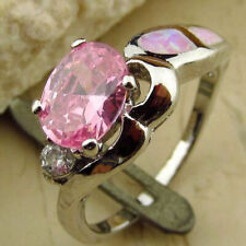 Bague en plaqué or blanc, Topaze Rose 7x6 mm, Opale de Feu Rose et Zircons 