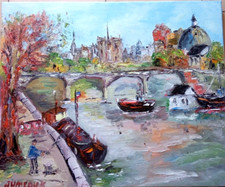 PARIS QUAI DE SEINE LES PENICHES TABLEAU  PEINTURE SIGNE JUMEAUX JEAN PIERRE