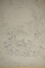 Ecole FRANCAISE XIX DESSIN CRAYON SCENE VENERIE CHASSE à COURRE CERF CHEVAL 1850