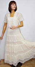 Vintage 1970s Cotton Gauze & Lace Ivory Maxi Set Dress & Bolero Wedding size 4