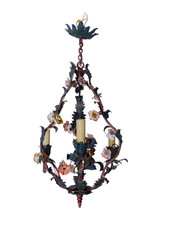 Gorgeous French Antique Cage Chandelier Porcelain Flower Green Tole Foliage 1930