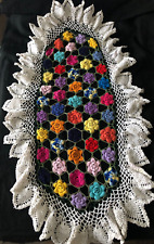 Vintage French Hand Crochet Springtime Easter Colors Table  Runner c1950s