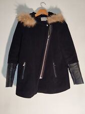 Manteau Sandro Noir En Laine , Cuir D'agneau Et Col En Fourrure De Raton Laveur 