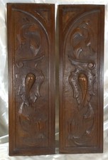 Antique Pair French Solid Chestnut Wood Panels Salvaged Hand Carved