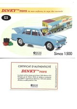 DINKY TOYS Fiche + Certificat SIMCA 1500 Dinky Toys 523 Atlas