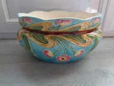 ANCIENNE JARDINIERE BARBOTINE LONGCHAMP MAJOLICA DECOR FLORAL