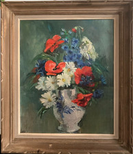 HST BELLE PEINTURE BOUQUETS DE COQUELICOTS ET MARGUERITES VERS 1940/50 ALSACE