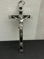 Ancien Crucifix Croix Pendentif en Aluminium et Bois Ebène