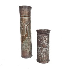 PAIRE DE DOUILLES D'OBUS SCULPTÉS A DECOR ANIMALIER ART DU POILU   14 -18 WWI