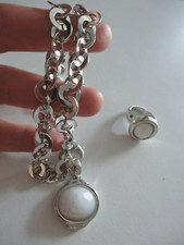 Parure Collier Chaîne Pendentif Bague acier Pierre Lang blanc argent Vintage