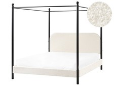 Lit à Baldaquin Minimaliste en Bouclé 160 x 200 cm Cadre Métallique Noir Lattes 