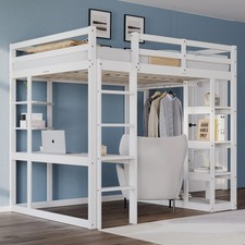 Lit Loft 140*200 cm, Avec Table Et Étagères, Lits Doubles Pour Enfants, Blanc
