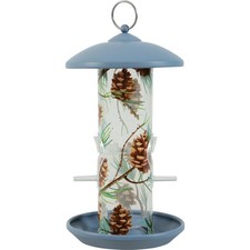 Mangeoire silo en plastique avec 2 perchoirs décorée bleu pour oiseaux