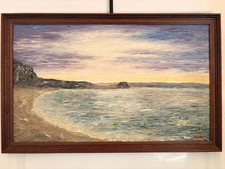 Tableau Peinture Huile Couteau Plage Mer Couché Soleil Falaise Signé CANDAT