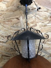 Suspension Lanterne Ancienne Métal Noir + Verre Moulé Rond Vintage #D007
