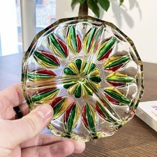 Coupe vintage en verre pressé coloré – Motif floral rouge vert jaune – Années 70