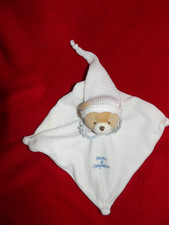 Doudou Et Compagnie Ours Plat Blanc  Col et Broderie Bleu