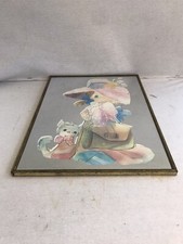 Ancien Miroir Deco Dessin Fillette & Chat + Cadre Métal Vintage