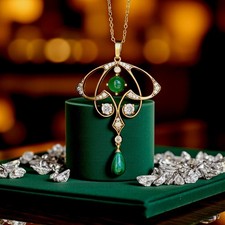 Rare Collier Pendentif Doré Vieilli Agate Vert Goutte Malachite Véritable SB22