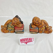 ➜SUBLIME PAIRE DE SERRE-LIVRES en bois sculptés à la main Bouddha homme et femme