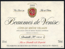Etiquette de vin(1988) de la Cote du rhone(750ml)-Beaumes de venise-R.581
