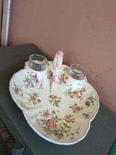 Plateau porte-bougies ancien en faïence Longchamp Terre de Fer - Motif floral...