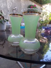Paire de petits vases verre Granité Doré Vert Vintage Grand-mère Décoration 