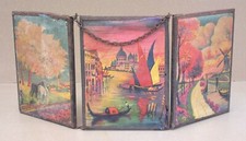 Ancien triptyque miroir de barbier dos peint France Hollande Venise