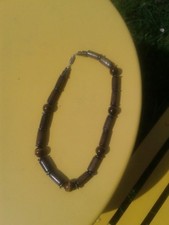 MAGNIFIQUE COLLIER IMPOSANT OEIL DE TIGRE BOIS D EBENE ET ARGENT 925 !!