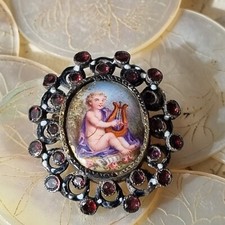 Broche Ancienne Fin XVIIIè Putti Amour Grenats Or et Argent Enamel Brooch 18thC