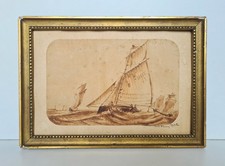 Ancien tableau dessin à l´encre Marine Bretagne ou Normandie bateaux daté 1880