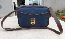 Beau sac vintage TED LAPIDUS Tissu bleu et cuir marron siglé