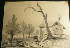 Ecole FRANCAISE XVIII DESSIN PIERRE NOIRE PAYSAGE CHAMPETRE ANIME DRAWING 1800