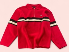 Pull  vintage col polo Best Mountain rouge zippé bandes rétro xl