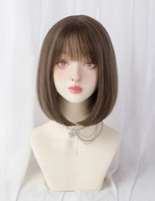 Perruque Synthétique Brun Châtain Foncé Femme Courte Lisse Frange +4 Bonnet