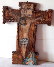grand crucifix art populaire naïf religieux bois peint signé A Mayer croix Jésus