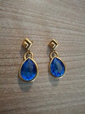 Paire De Boucles D Oreilles Yves Saint Laurent  Cristaux Bleu Metal Doré