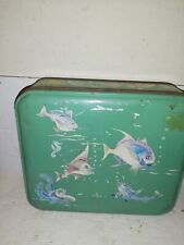 ANCIENNE BOITE GATEAU RECTANGLE FER LITHOGRAPHIE DECO MER POISSONS MARIN 24X20CM