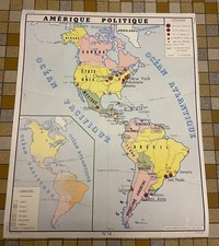 affiche scolaire  " AMÉRIQUE POLITIQUE - ASIE POLITIQUE"  années 60